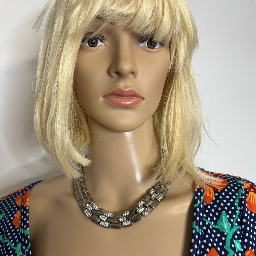 Silver Tone Triple Row Rhinestone Link Collar Necklace Statement Jewelry